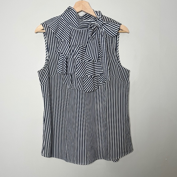 Banana Republic Tops - Banana Republic Classic Tie Neck Ruffle Stripe Dark Navy Sleeveless Top Sz M